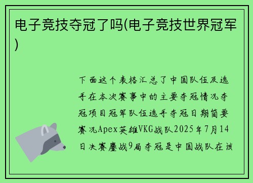 电子竞技夺冠了吗(电子竞技世界冠军)